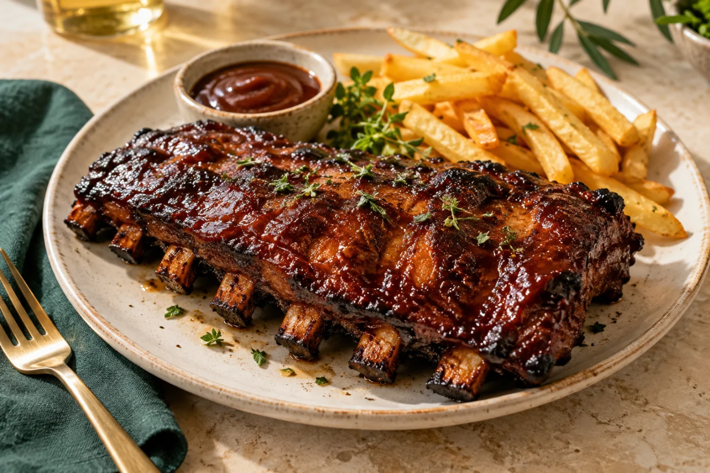 Geglazuurde spare ribs met goudgele friet