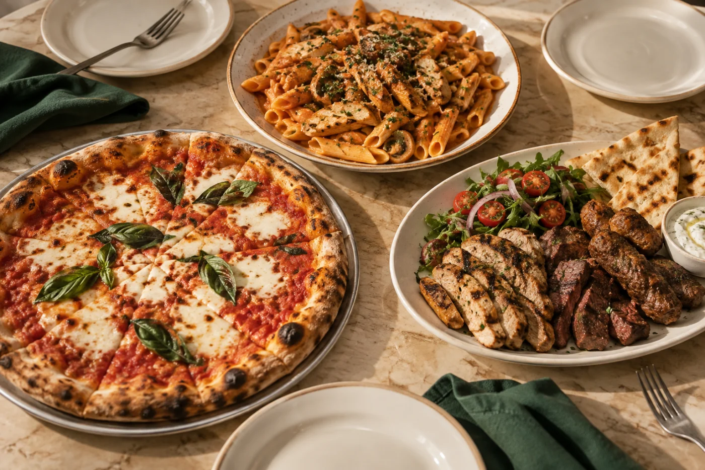 Een gedeelde maaltijd met pizza, pasta en gerechten van de grill — sfeerbeeld